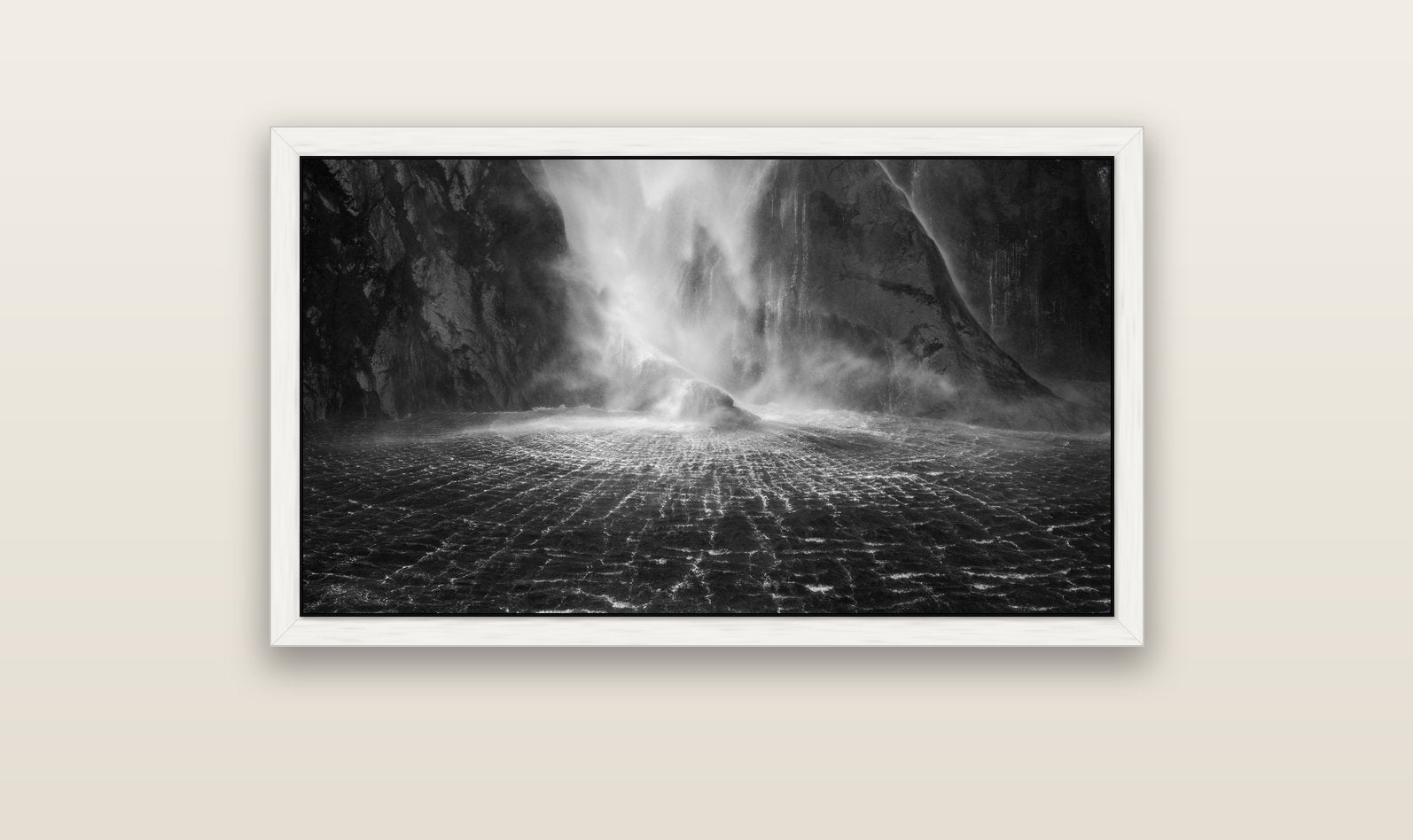 Stirling Falls, Milford Sound — white float frame canvas, 102 × 56 cm. New Zealand fine art landscape wall art by Stephen Milner.