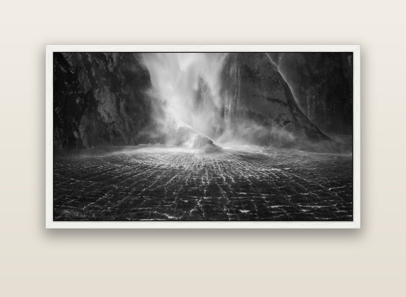 Stirling Falls, Milford Sound — white float frame canvas, 152 × 86 cm. New Zealand fine art landscape wall art by Stephen Milner.
