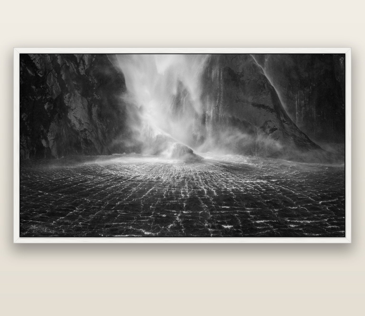 Stirling Falls, Milford Sound — white float frame canvas, 200 × 130 cm. New Zealand fine art landscape wall art by Stephen Milner.
