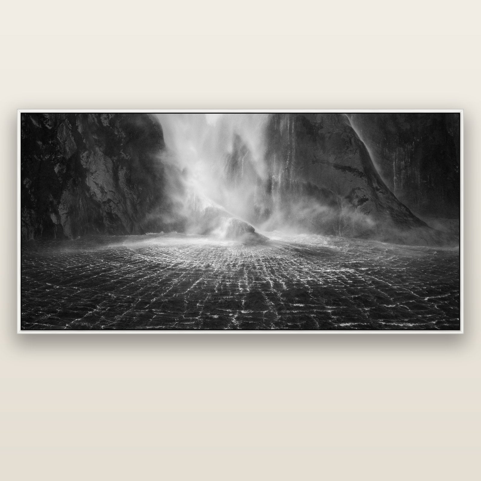 Stirling Falls, Milford Sound — white float frame canvas, 201 × 99 cm. New Zealand fine art landscape wall art by Stephen Milner.