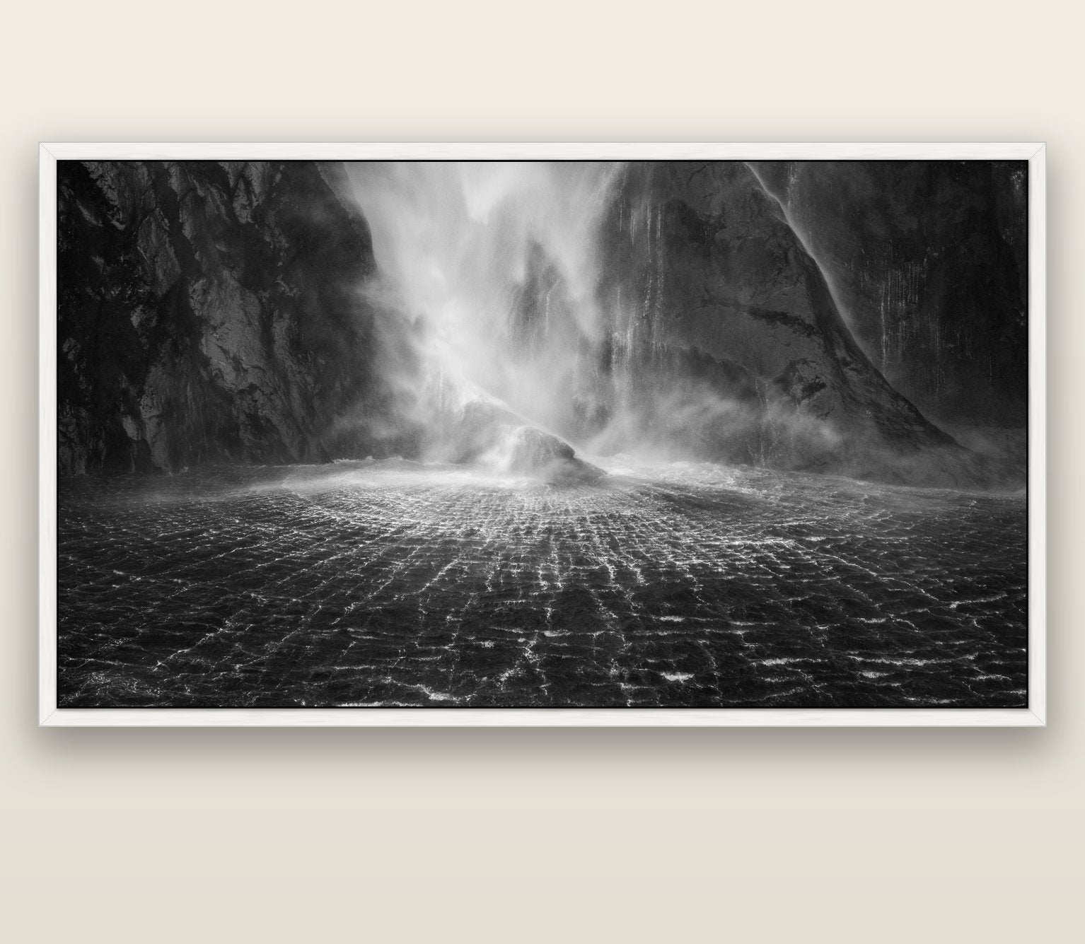 Stirling Falls, Milford Sound — white float frame canvas, 201 × 99 cm. New Zealand fine art landscape wall art by Stephen Milner.