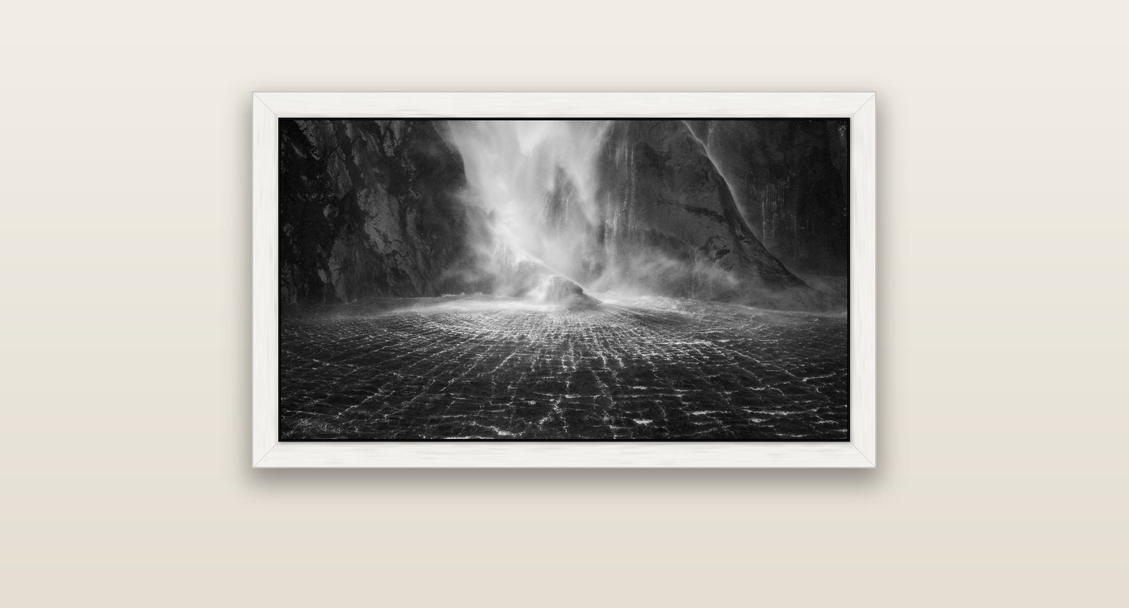 Stirling Falls, Milford Sound — white float frame canvas, 81 × 46 cm. New Zealand fine art landscape wall art by Stephen Milner.