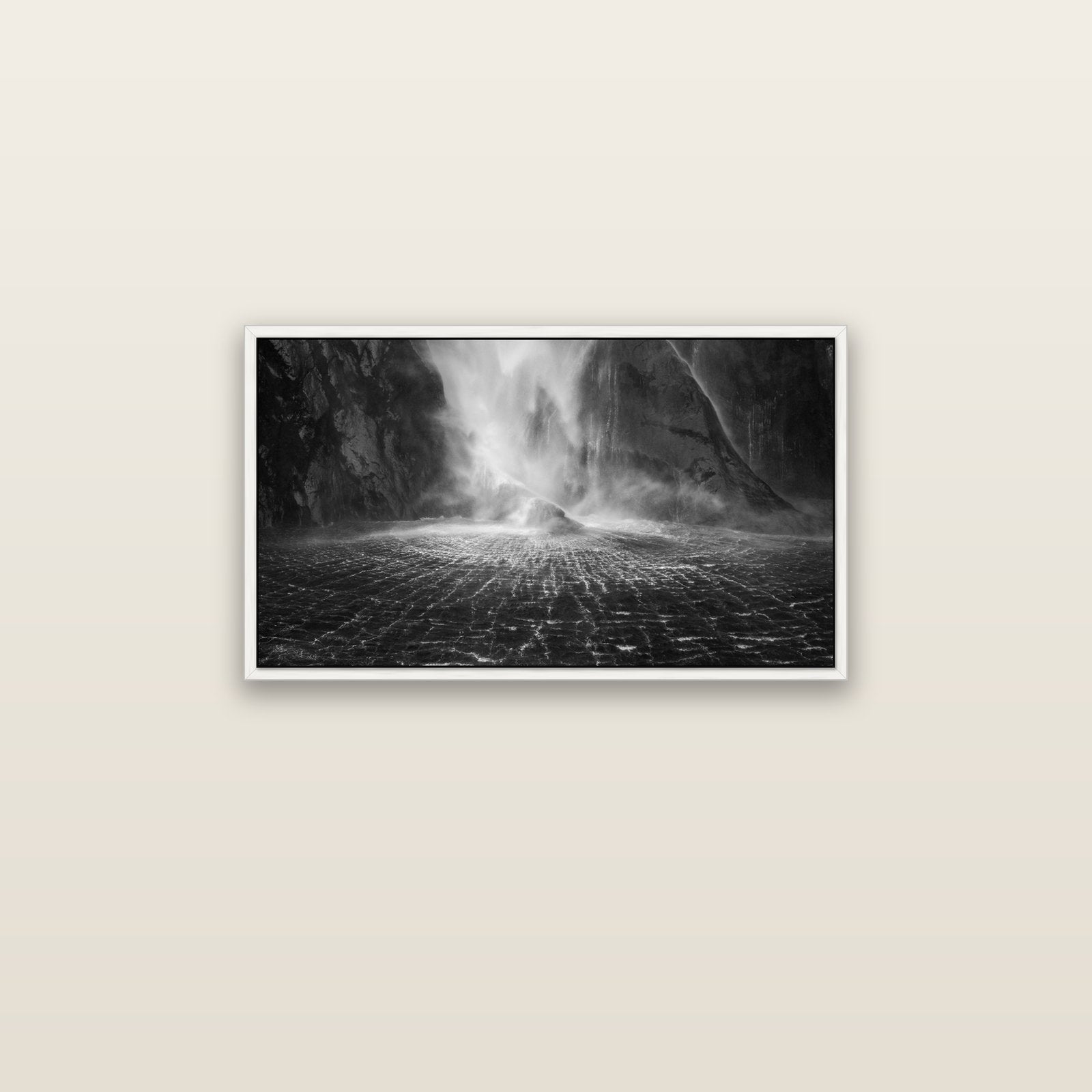 Stirling Falls, Milford Sound — white float frame canvas, 81 × 46 cm. New Zealand fine art landscape wall art by Stephen Milner.