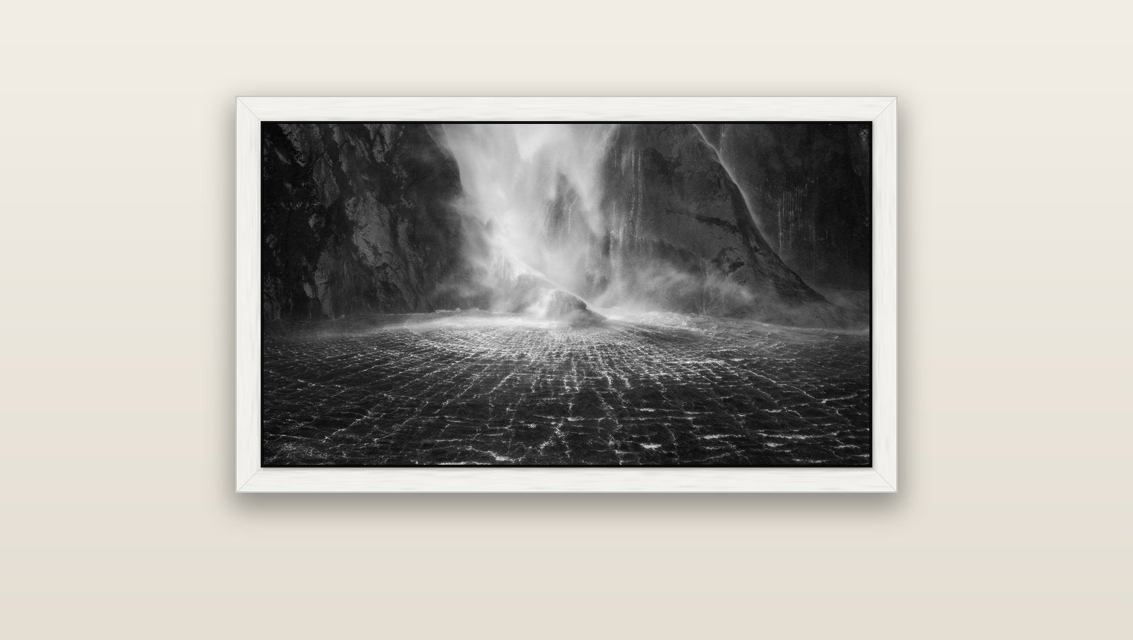 Stirling Falls, Milford Sound — white float frame canvas, 91 × 51 cm. New Zealand fine art landscape wall art by Stephen Milner.