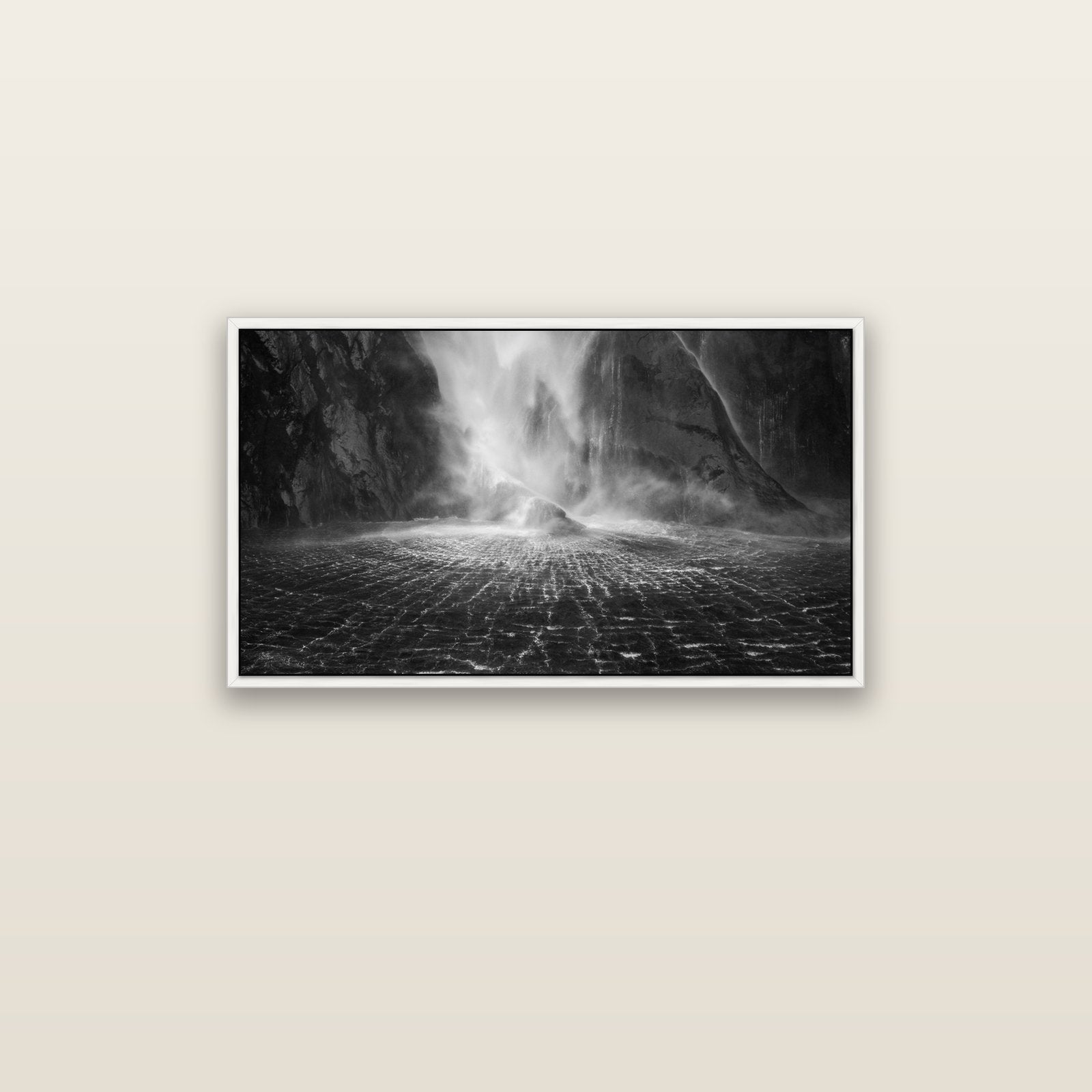 Stirling Falls, Milford Sound — white float frame canvas, 91 × 51 cm. New Zealand fine art landscape wall art by Stephen Milner.