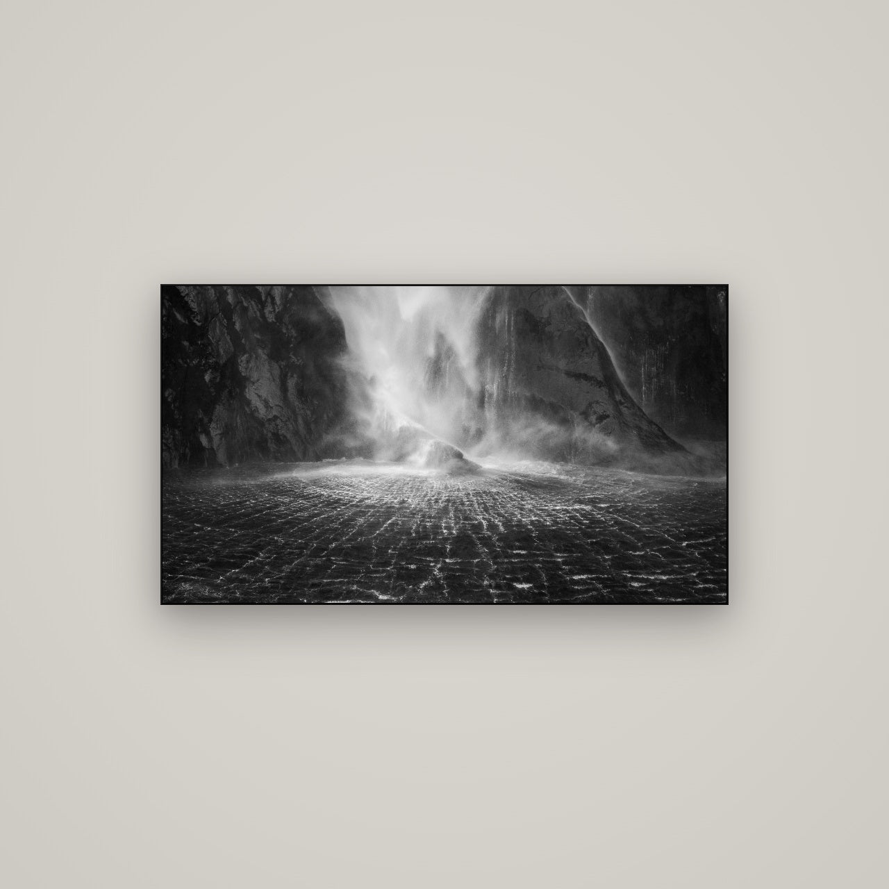 Stirling Falls, Milford Sound — Slimline Black, 107×60 cm. New Zealand fine art wall art by Stephen Milner.