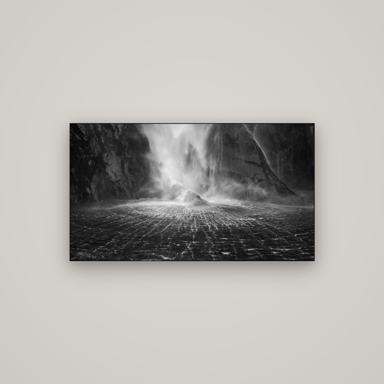 Stirling Falls, Milford Sound — Slimline Black, 107×60 cm. New Zealand fine art wall art by Stephen Milner.