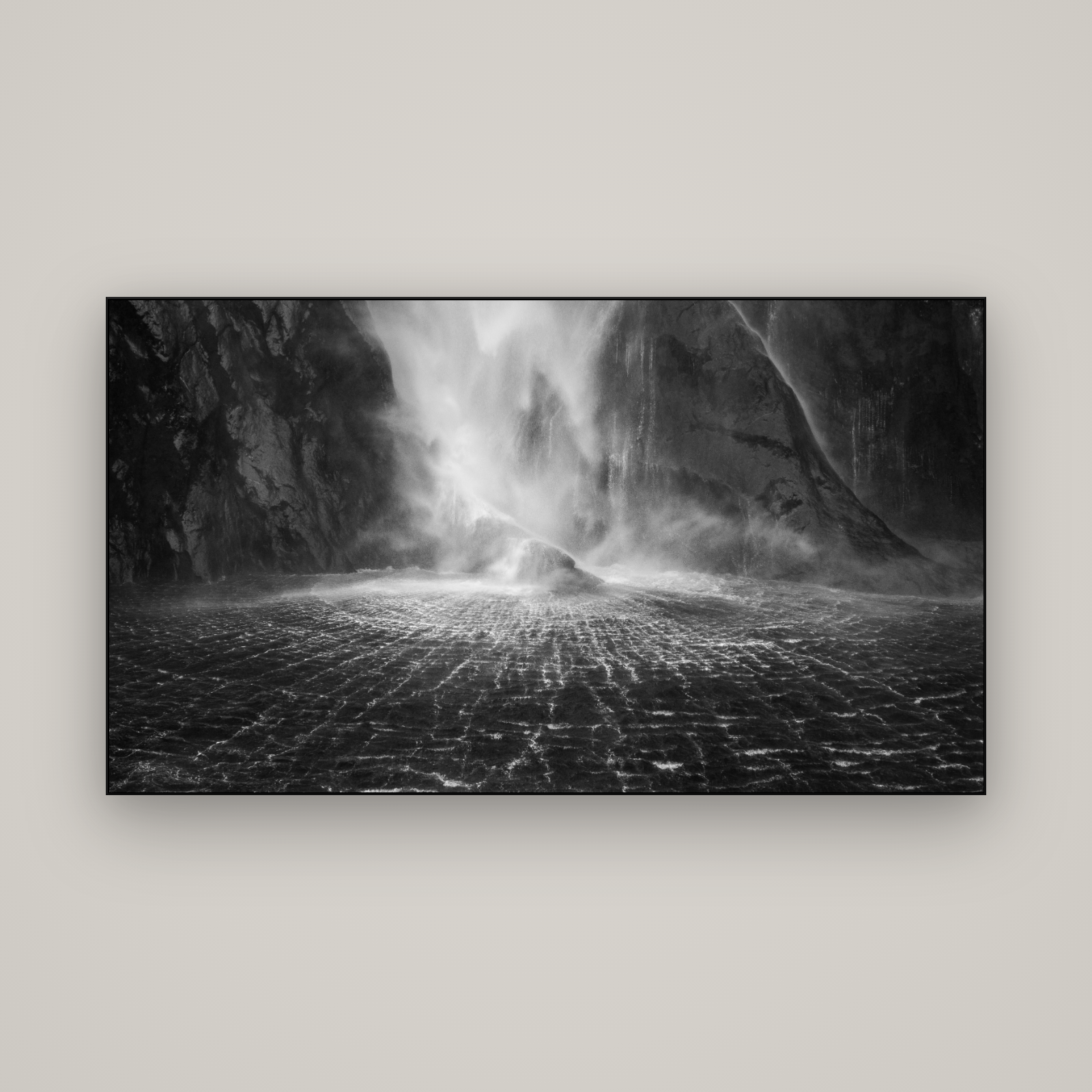 Stirling Falls, Milford Sound — Slimline Black, 160×90 cm. New Zealand fine art wall art by Stephen Milner.