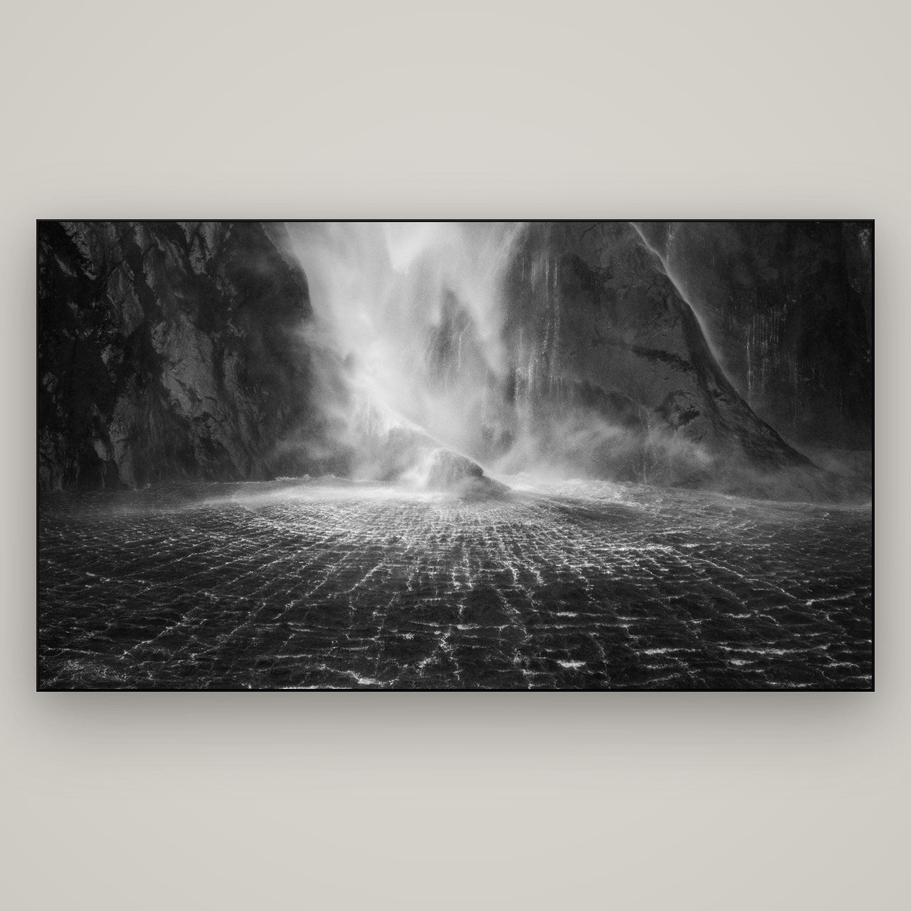Stirling Falls, Milford Sound — Slimline Black, 196×110 cm. New Zealand fine art wall art by Stephen Milner.