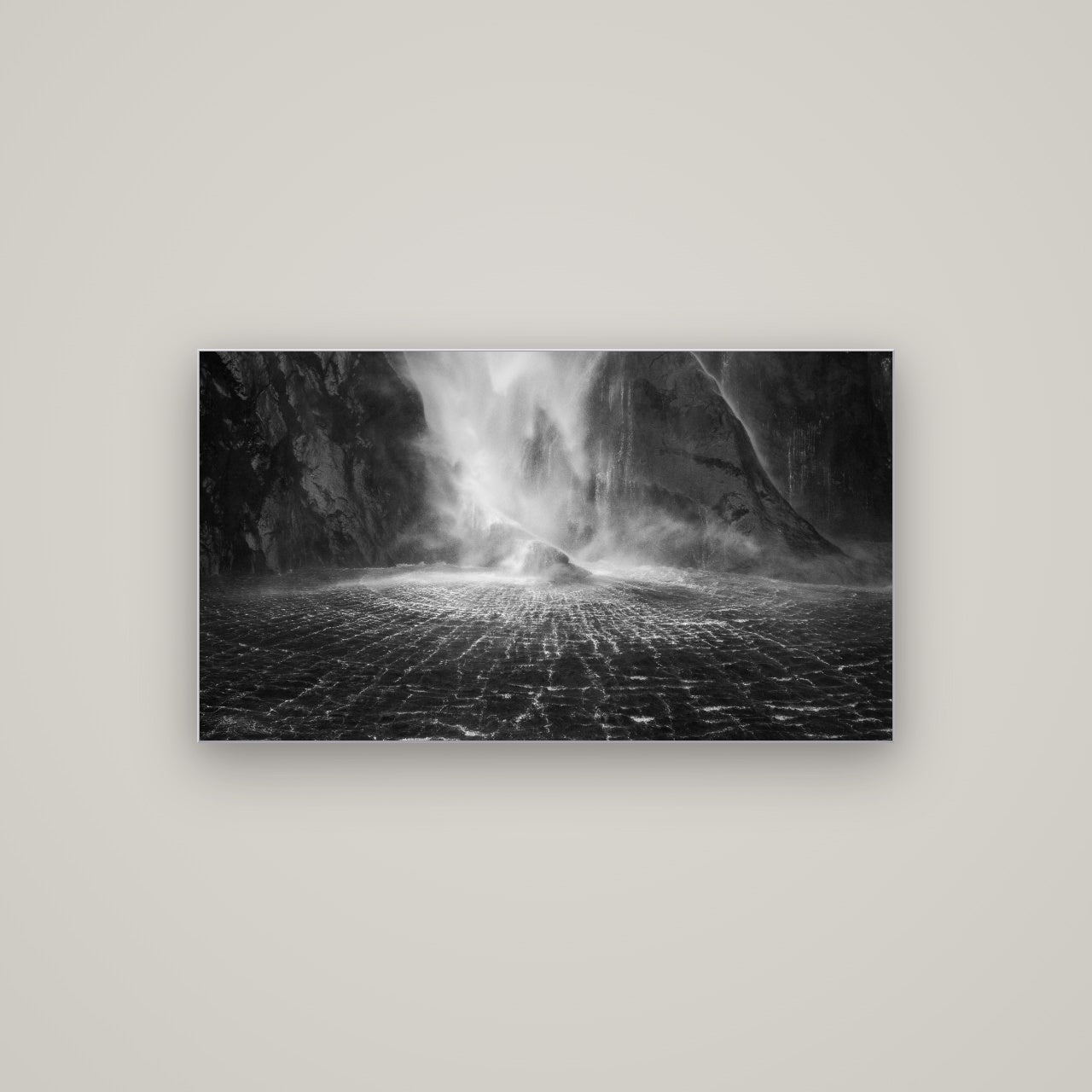 Stirling Falls, Milford Sound — Slimline Silver, 107×60 cm. New Zealand fine art wall art by Stephen Milner.