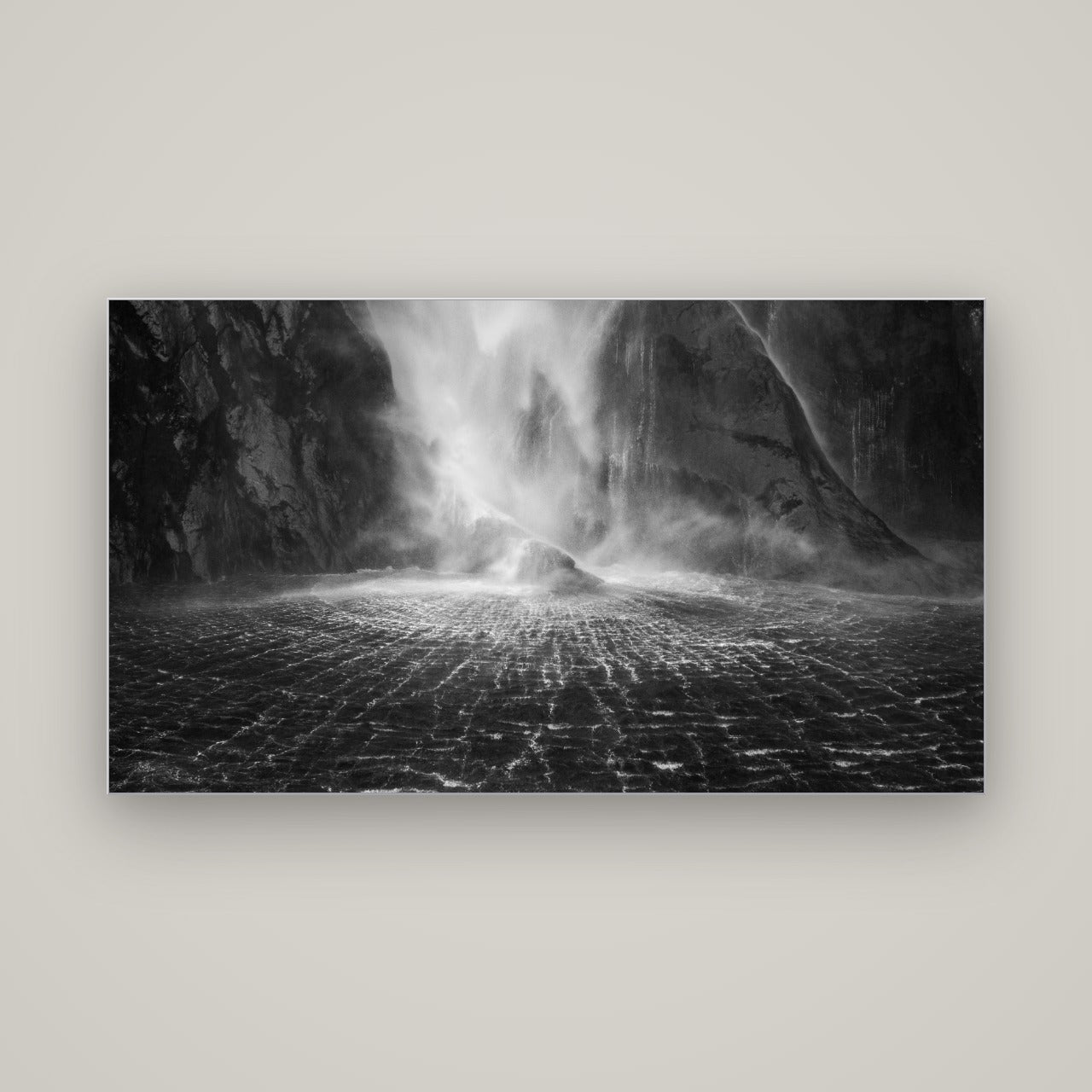 Stirling Falls, Milford Sound — Slimline Silver, 160×90 cm. New Zealand fine art wall art by Stephen Milner.