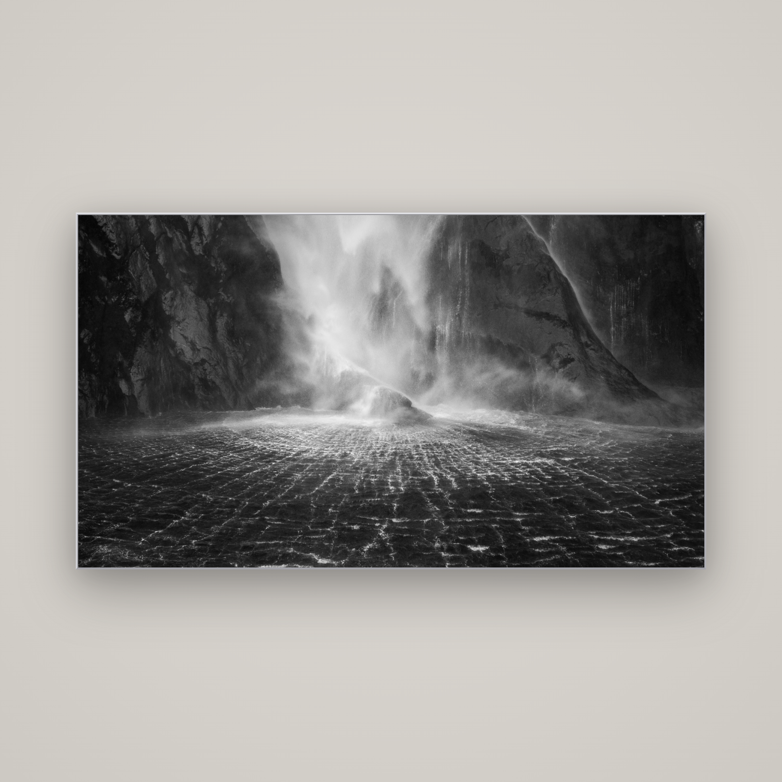 Stirling Falls, Milford Sound — Slimline Silver, 160×90 cm. New Zealand fine art wall art by Stephen Milner.