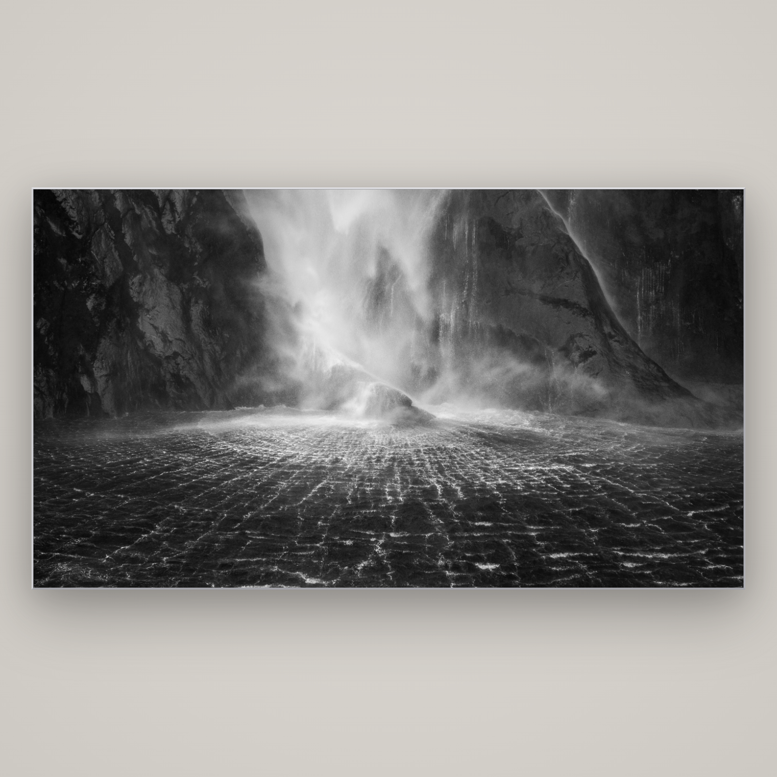 Stirling Falls, Milford Sound — Slimline Silver, 196×110 cm. New Zealand fine art wall art by Stephen Milner.