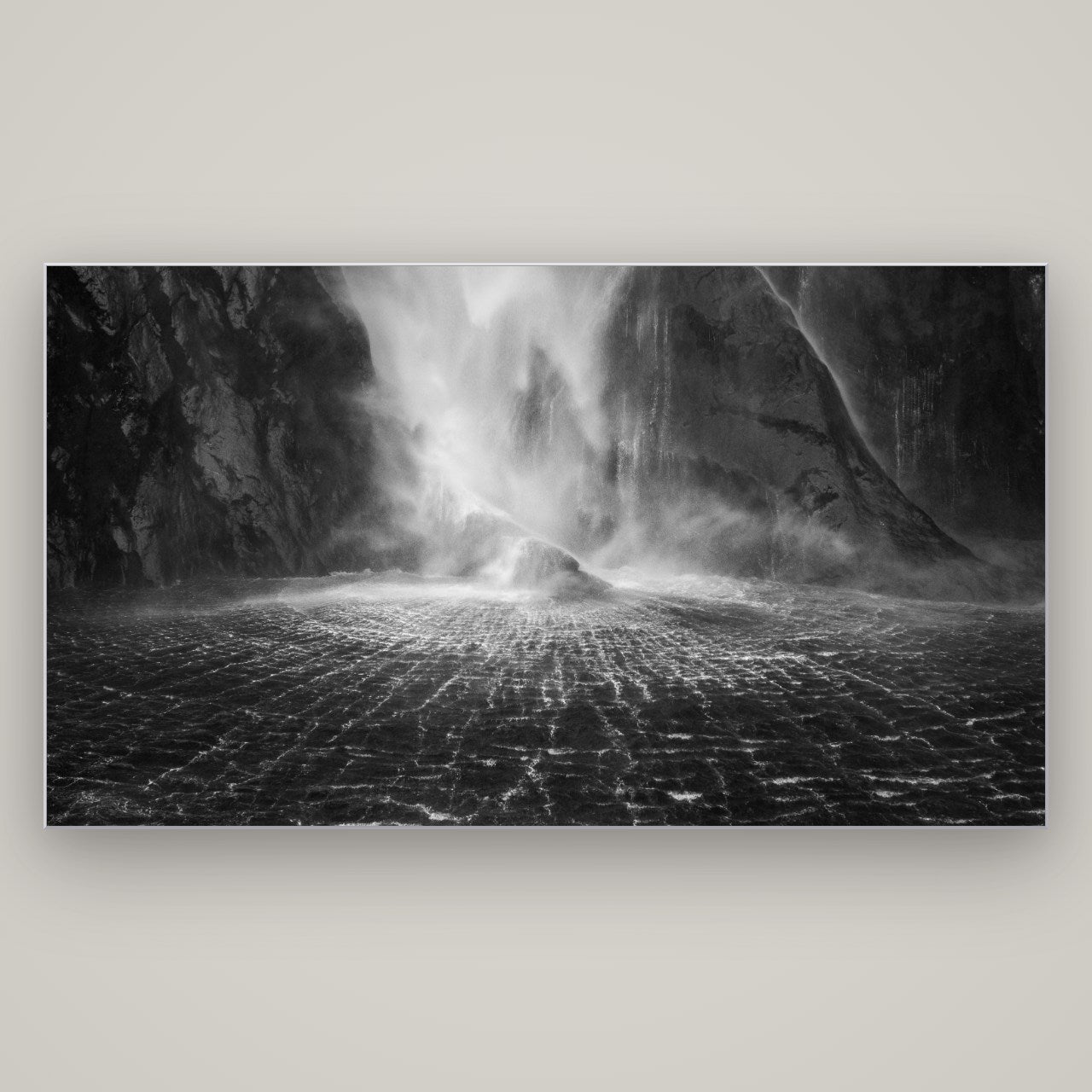 Stirling Falls, Milford Sound — Slimline Silver, 196×110 cm. New Zealand fine art wall art by Stephen Milner.