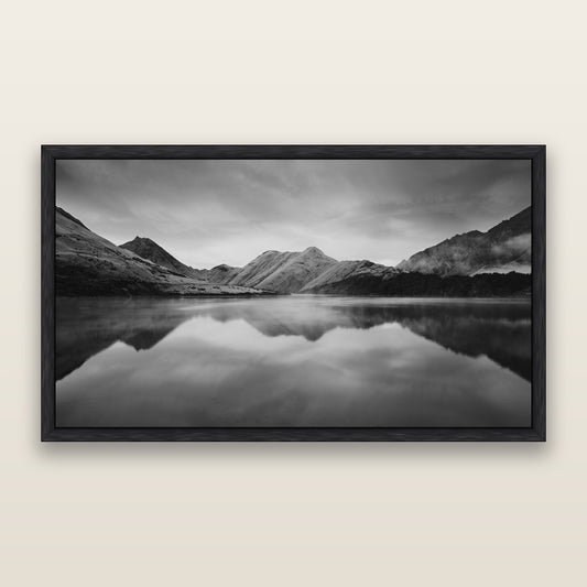 Sunrise Serenity, Moke Lake Queenstown, black and white framed metallic canvas print, Black frame. New Zealand fine art wall art by Stephen Milner.