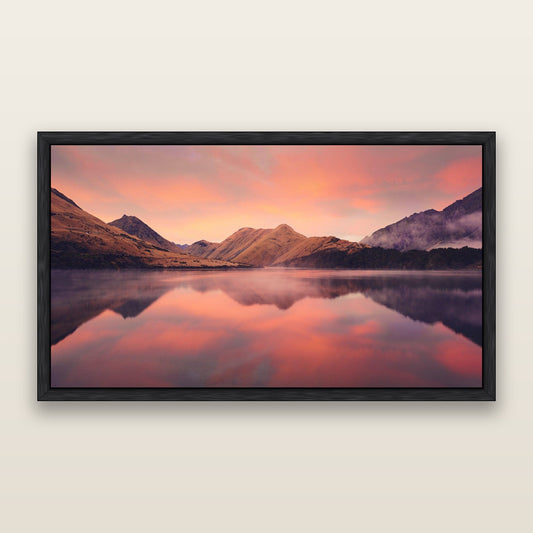 Sunrise Serenity, Moke Lake Queenstown — framed metallic canvas print, Black frame. New Zealand fine art landscape wall art by Stephen Milner.