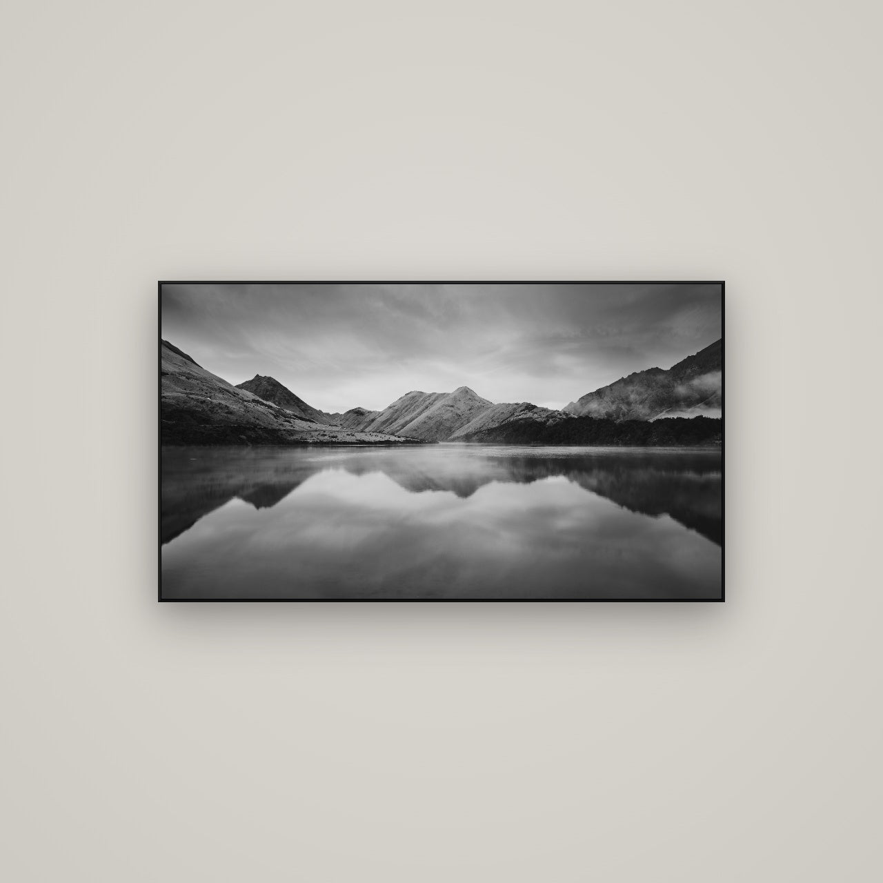 Sunrise Serenity, Moke Lake Queenstown — ArtBox Black, 107×60 cm. New Zealand fine art wall art by Stephen Milner.