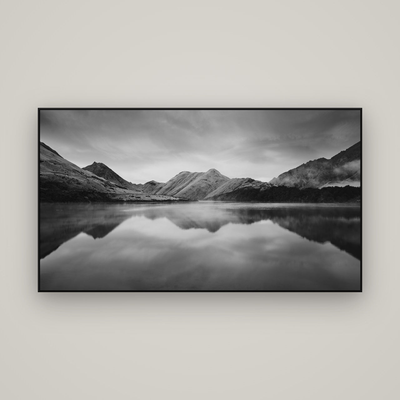 Sunrise Serenity, Moke Lake Queenstown — ArtBox Black, 160×90 cm. New Zealand fine art wall art by Stephen Milner.
