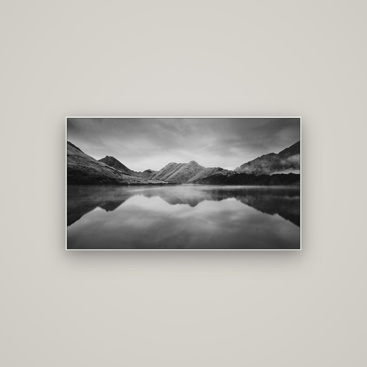 Sunrise Serenity, Moke Lake Queenstown — ArtBox White, 107×60 cm. New Zealand fine art wall art by Stephen Milner.