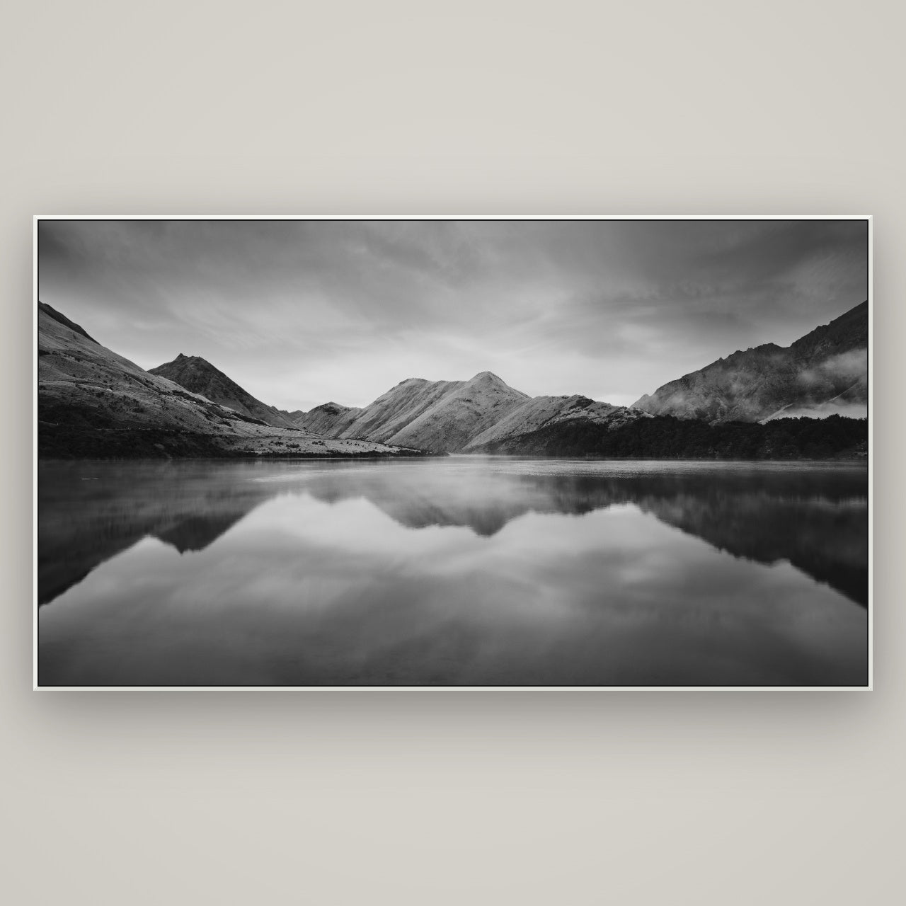 Sunrise Serenity, Moke Lake Queenstown — ArtBox White, 196×110 cm. New Zealand fine art wall art by Stephen Milner.