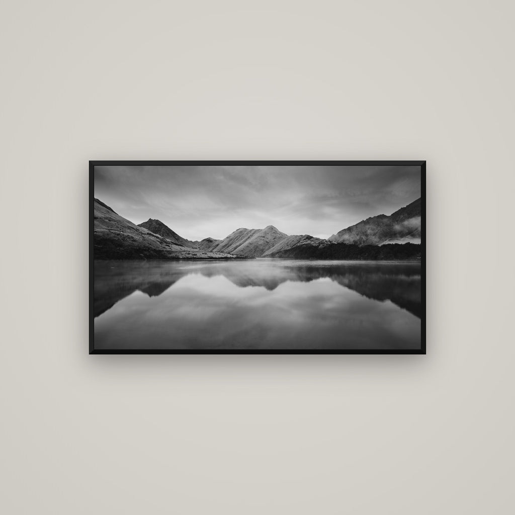 Sunrise Serenity, Moke Lake Queenstown — Basel Black Matte, 107×60 cm. New Zealand fine art wall art by Stephen Milner.