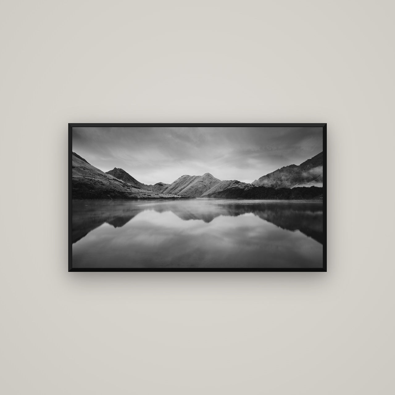 Sunrise Serenity, Moke Lake Queenstown — Basel Black, 107×60 cm. New Zealand fine art wall art by Stephen Milner.