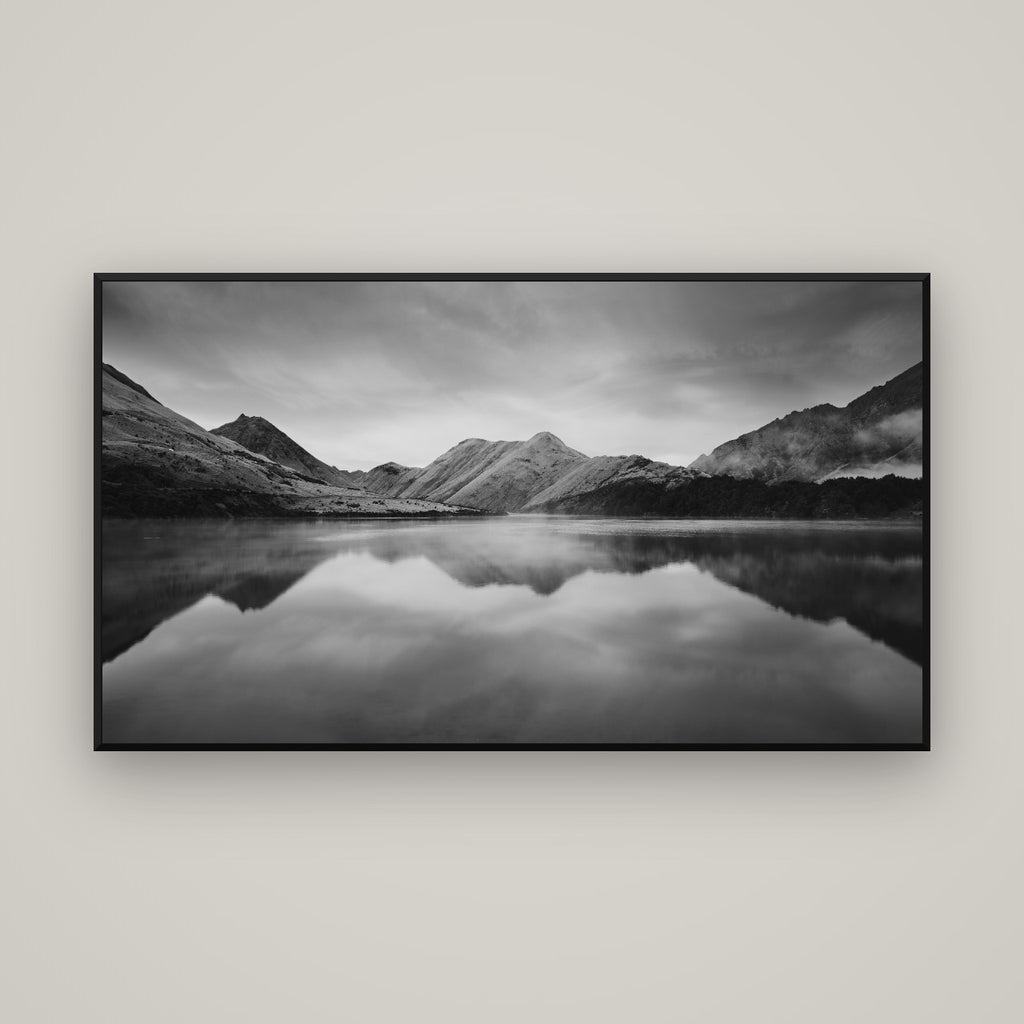 Sunrise Serenity, Moke Lake Queenstown — Basel Black Matte, 160×90 cm. New Zealand fine art wall art by Stephen Milner.