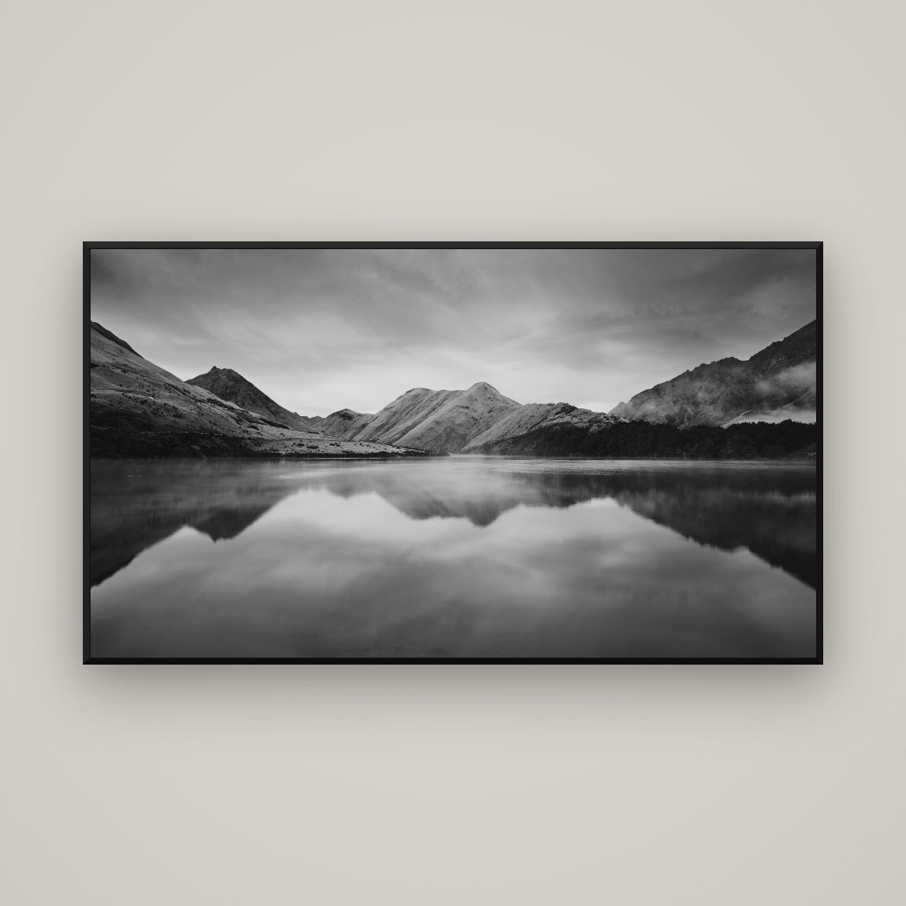 Sunrise Serenity, Moke Lake Queenstown — Basel Black, 160×90 cm. New Zealand fine art wall art by Stephen Milner.