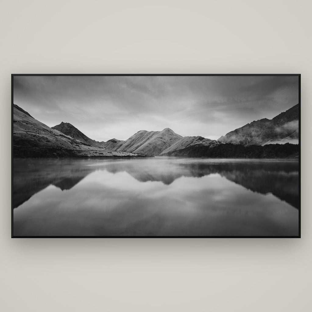 Sunrise Serenity, Moke Lake Queenstown — Basel Black Matte, 196×110 cm. New Zealand fine art wall art by Stephen Milner.