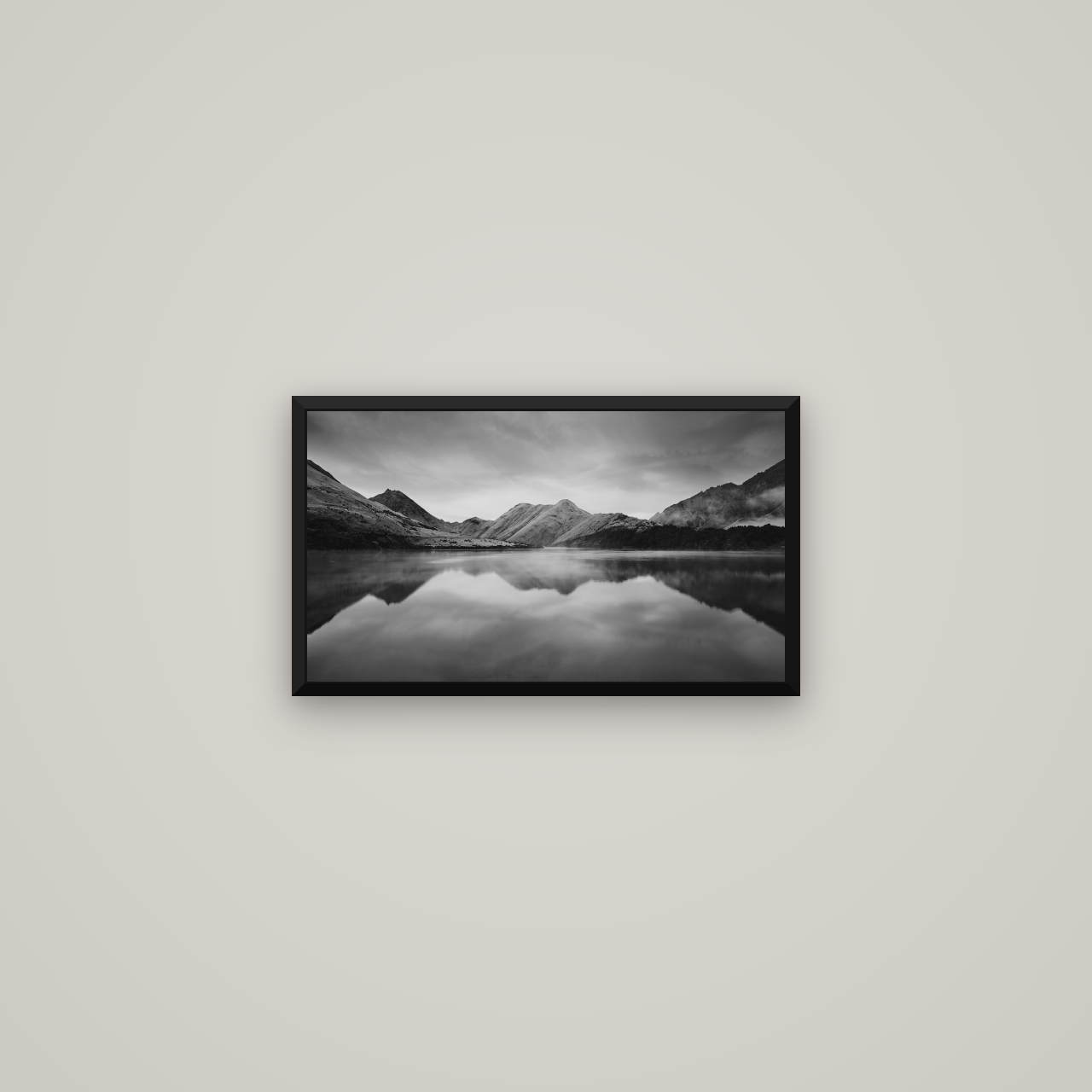 Sunrise Serenity, Moke Lake Queenstown — Basel Black Matte, 53×30 cm. New Zealand fine art wall art by Stephen Milner.