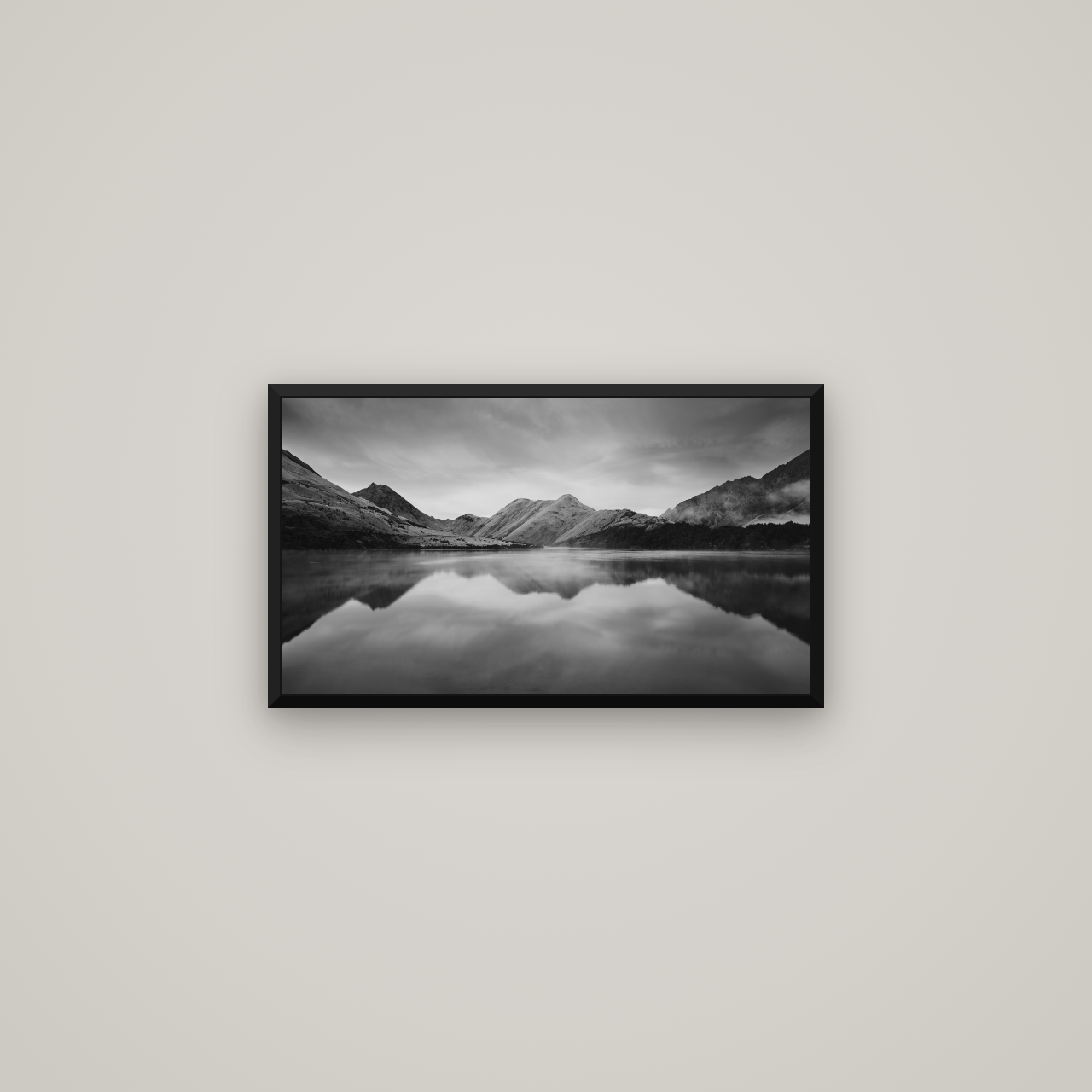 Sunrise Serenity, Moke Lake Queenstown — Basel Black Matte, 64×36 cm. New Zealand fine art wall art by Stephen Milner.