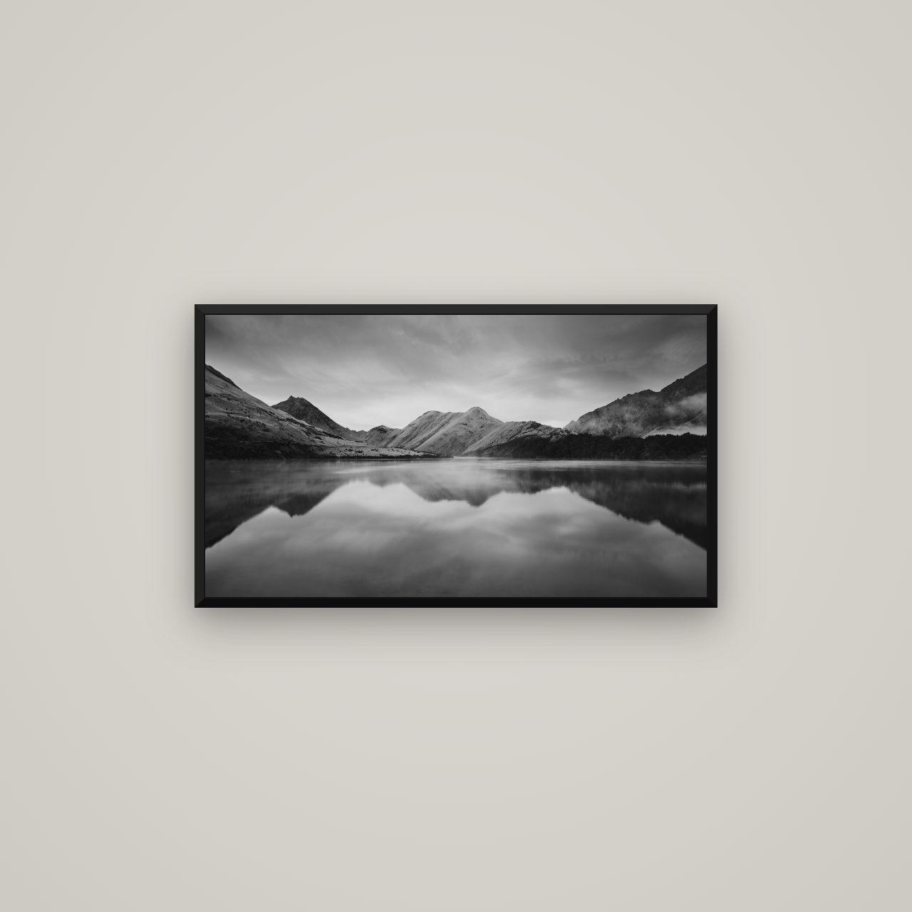 Sunrise Serenity, Moke Lake Queenstown — Basel Black Matte, 80×45 cm. New Zealand fine art wall art by Stephen Milner.