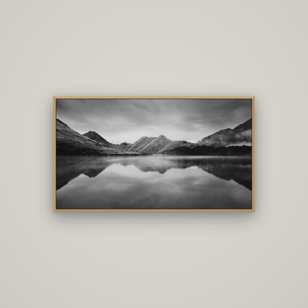 Sunrise Serenity, Moke Lake Queenstown, Basel Natural Oak, 107×60 cm. New Zealand fine art wall art by Stephen Milner.