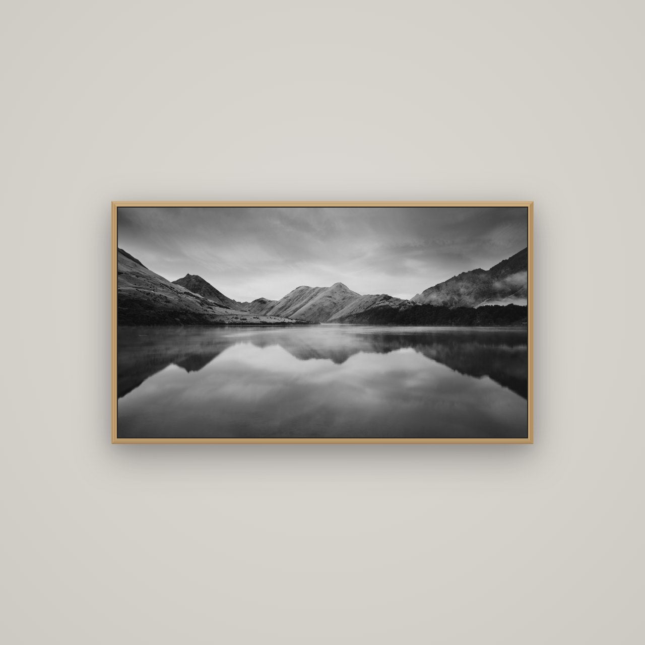 Sunrise Serenity, Moke Lake Queenstown, Basel Natural Oak, 107×60 cm. New Zealand fine art wall art by Stephen Milner.