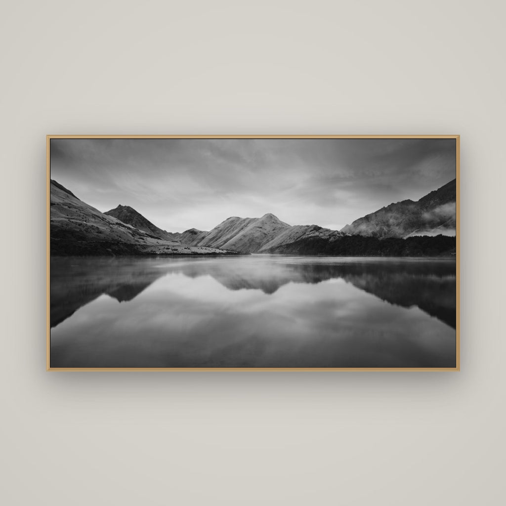 Sunrise Serenity, Moke Lake Queenstown, Basel Natural Oak, 160×90 cm. New Zealand fine art wall art by Stephen Milner.