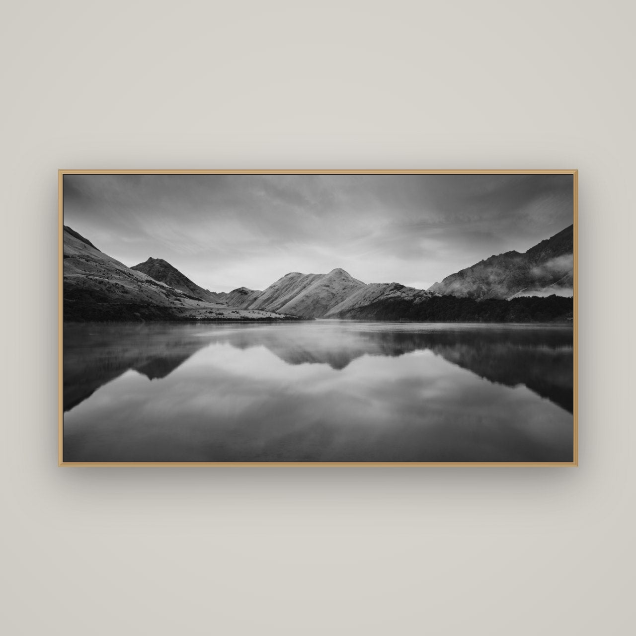 Sunrise Serenity, Moke Lake Queenstown, Basel Natural Oak, 160×90 cm. New Zealand fine art wall art by Stephen Milner.