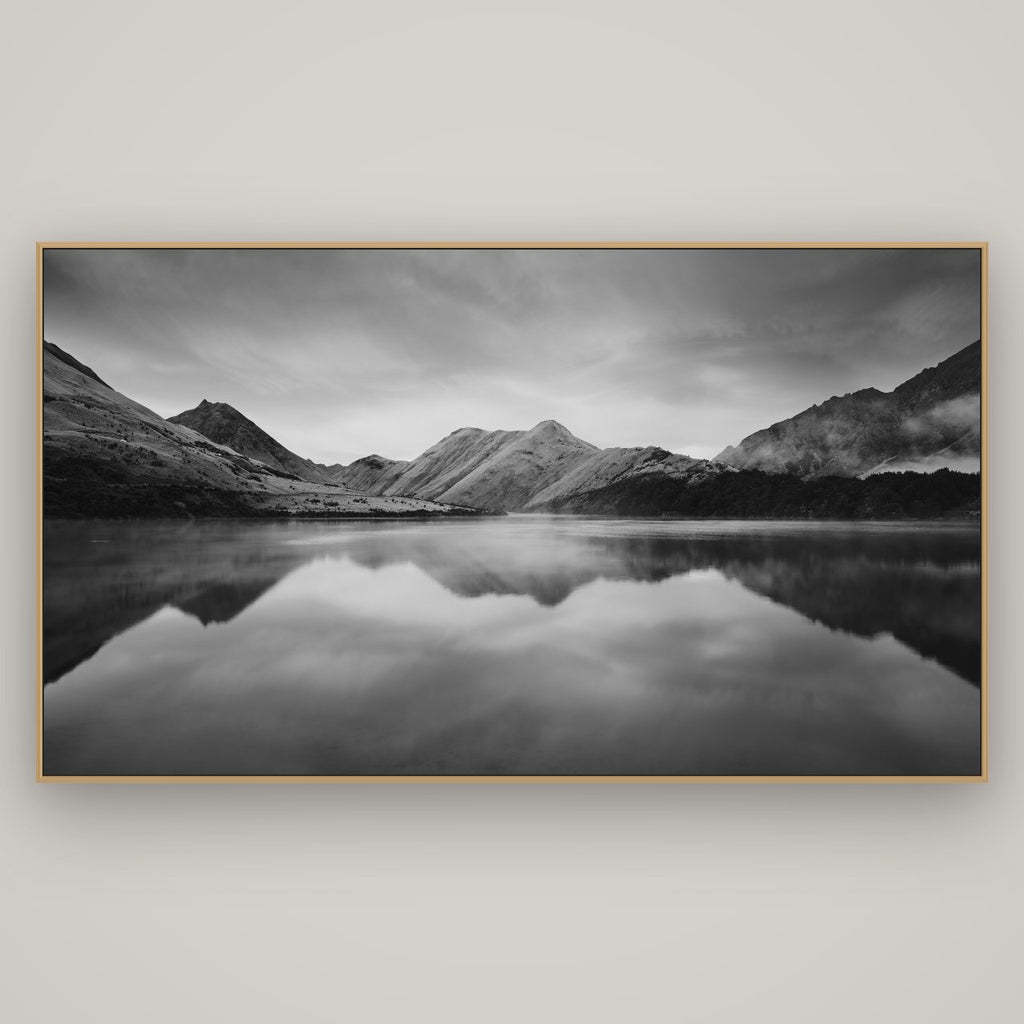 Sunrise Serenity, Moke Lake Queenstown, Basel Natural Oak, 196×110 cm. New Zealand fine art wall art by Stephen Milner.