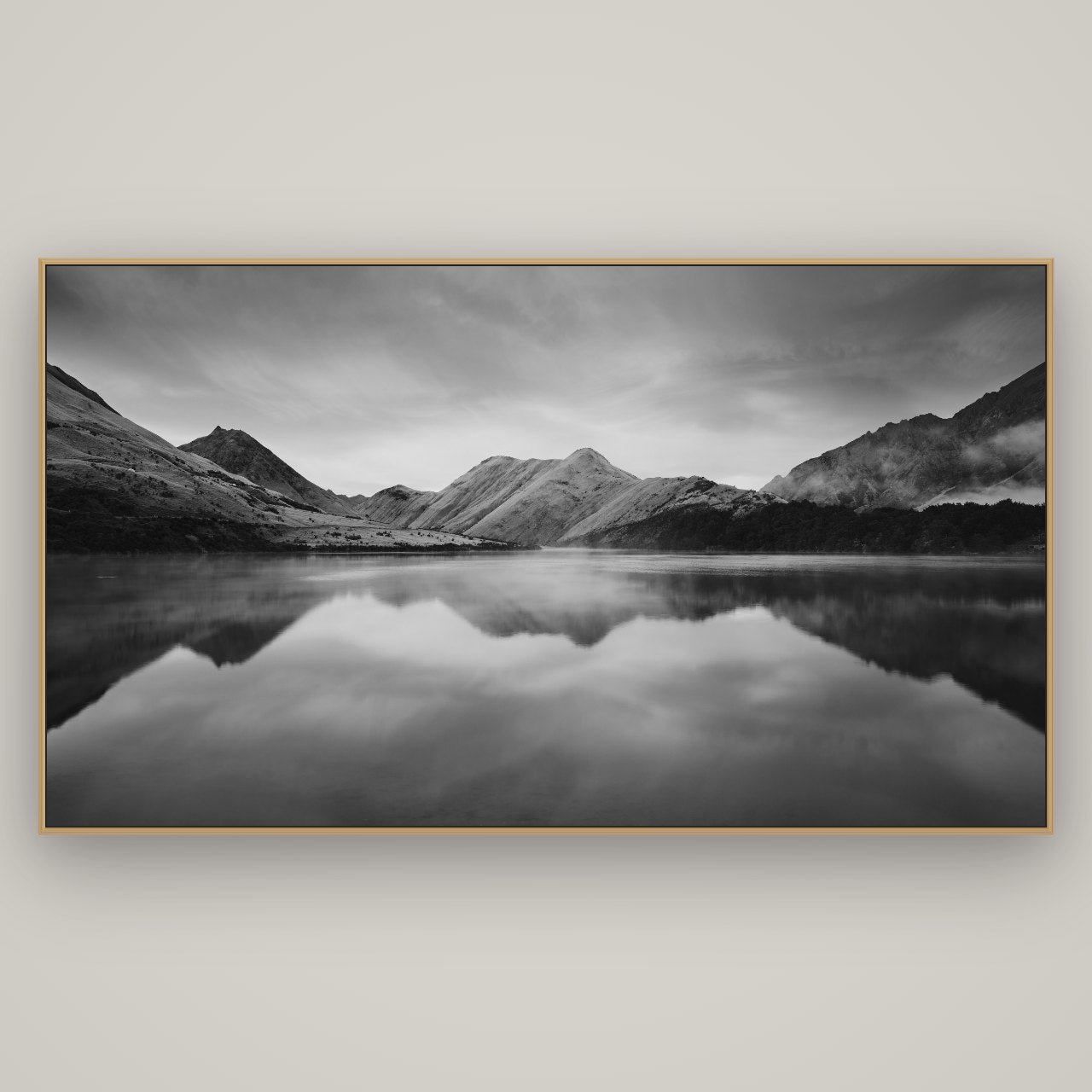 Sunrise Serenity, Moke Lake Queenstown, Basel Natural Oak, 196×110 cm. New Zealand fine art wall art by Stephen Milner.