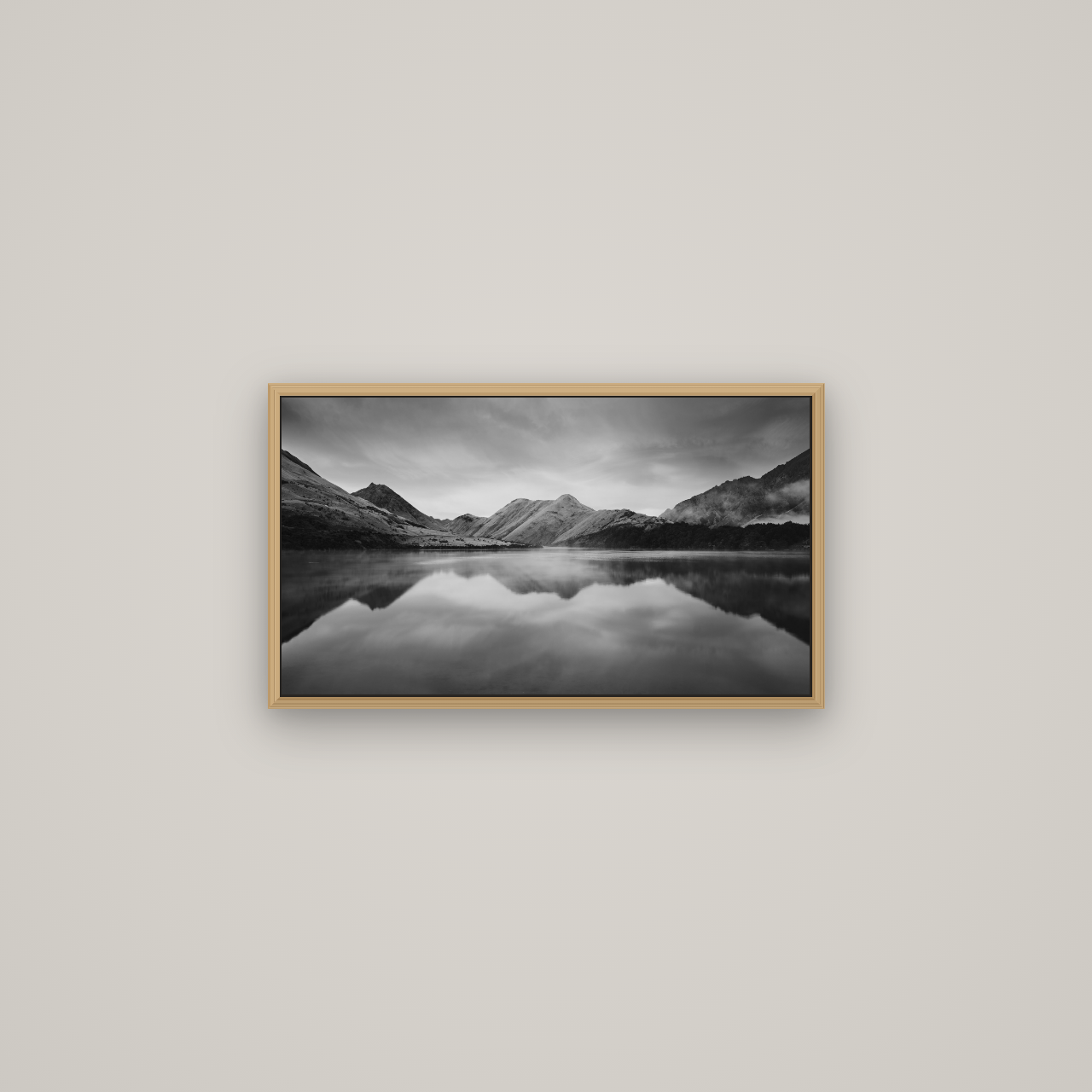 Sunrise Serenity, Moke Lake Queenstown, Basel Natural Oak, 64×36 cm. New Zealand fine art wall art by Stephen Milner.