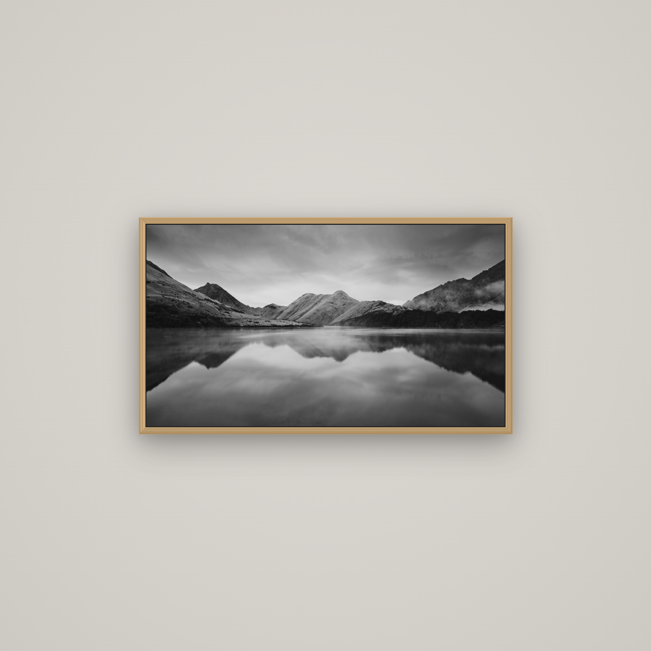 Sunrise Serenity, Moke Lake Queenstown, Basel Natural Oak, 80×45 cm. New Zealand fine art wall art by Stephen Milner.