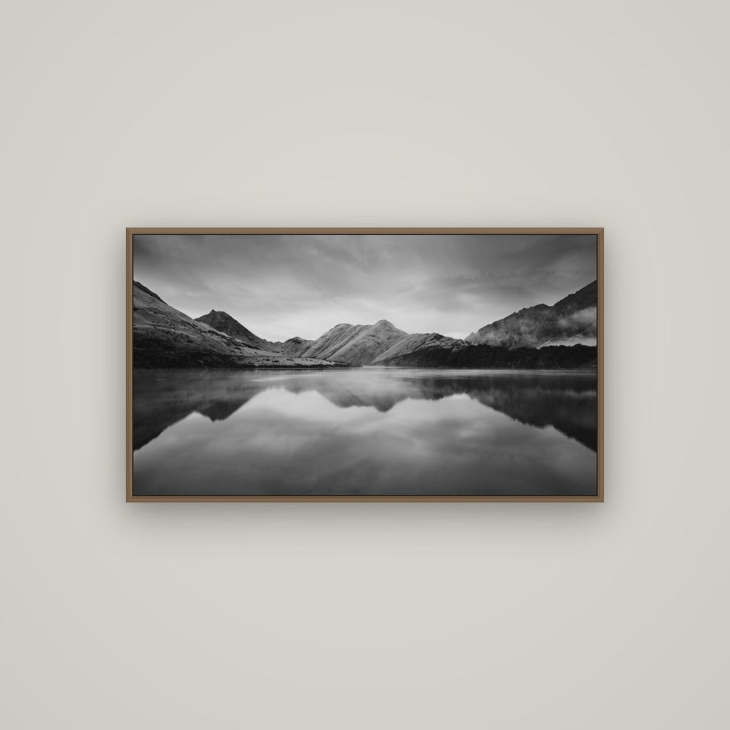 Sunrise Serenity, Moke Lake Queenstown, Basel Walnut, 107×60 cm. New Zealand fine art wall art by Stephen Milner.
