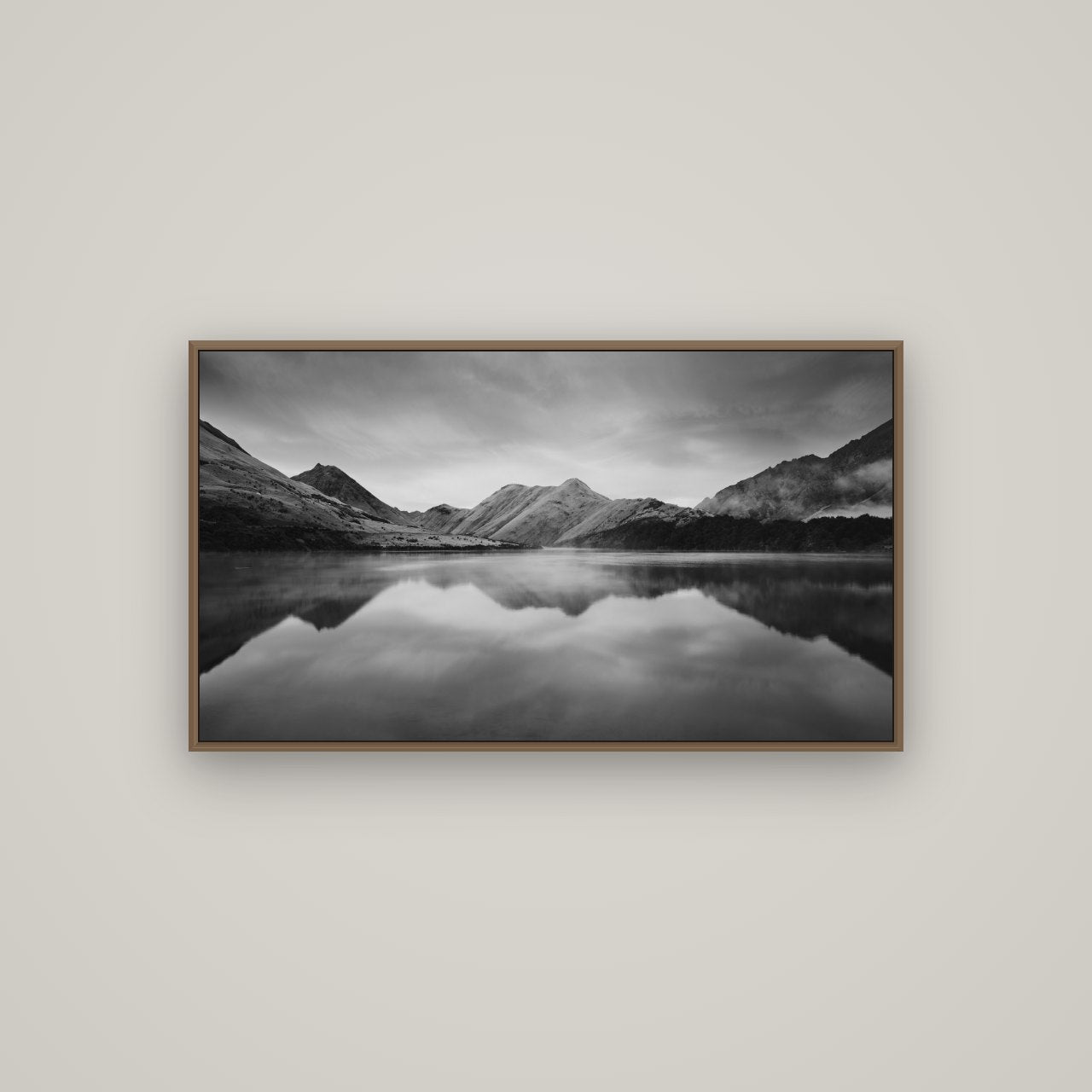Sunrise Serenity, Moke Lake Queenstown, Basel Walnut, 107×60 cm. New Zealand fine art wall art by Stephen Milner.