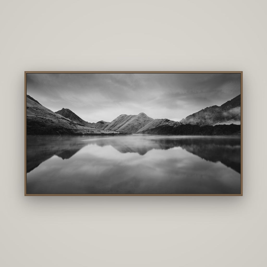 Sunrise Serenity, Moke Lake Queenstown, Basel Walnut, 160×90 cm. New Zealand fine art wall art by Stephen Milner.