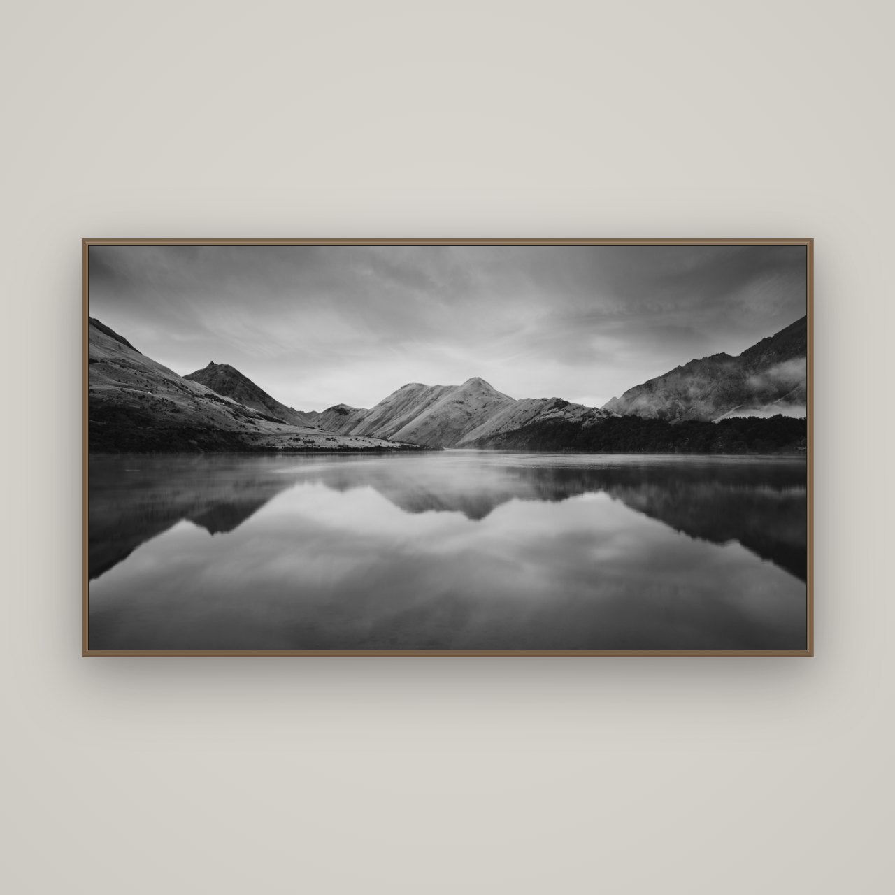 Sunrise Serenity, Moke Lake Queenstown, Basel Walnut, 160×90 cm. New Zealand fine art wall art by Stephen Milner.