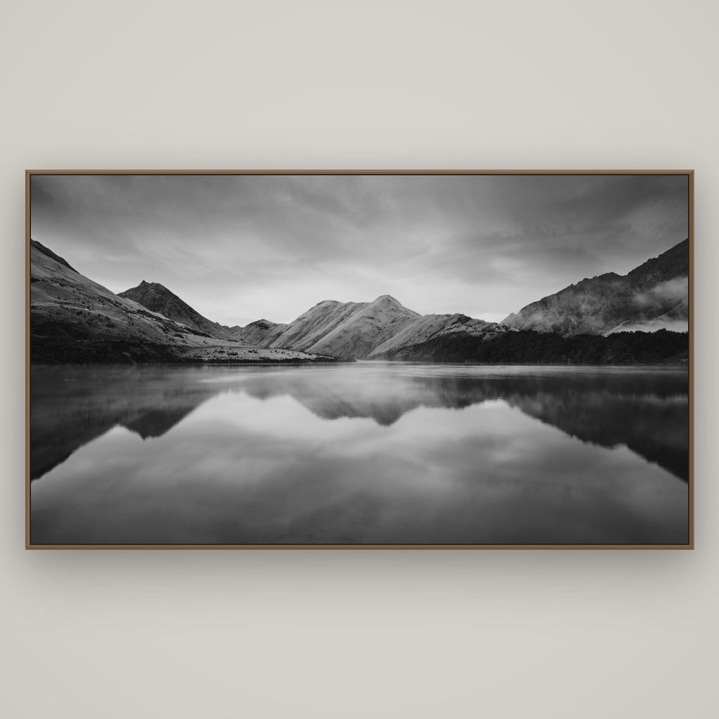 Sunrise Serenity, Moke Lake Queenstown, Basel Walnut, 196×110 cm. New Zealand fine art wall art by Stephen Milner.