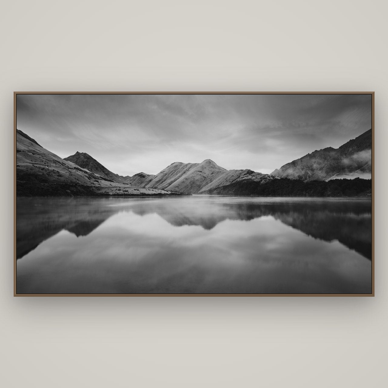 Sunrise Serenity, Moke Lake Queenstown, Basel Walnut, 196×110 cm. New Zealand fine art wall art by Stephen Milner.