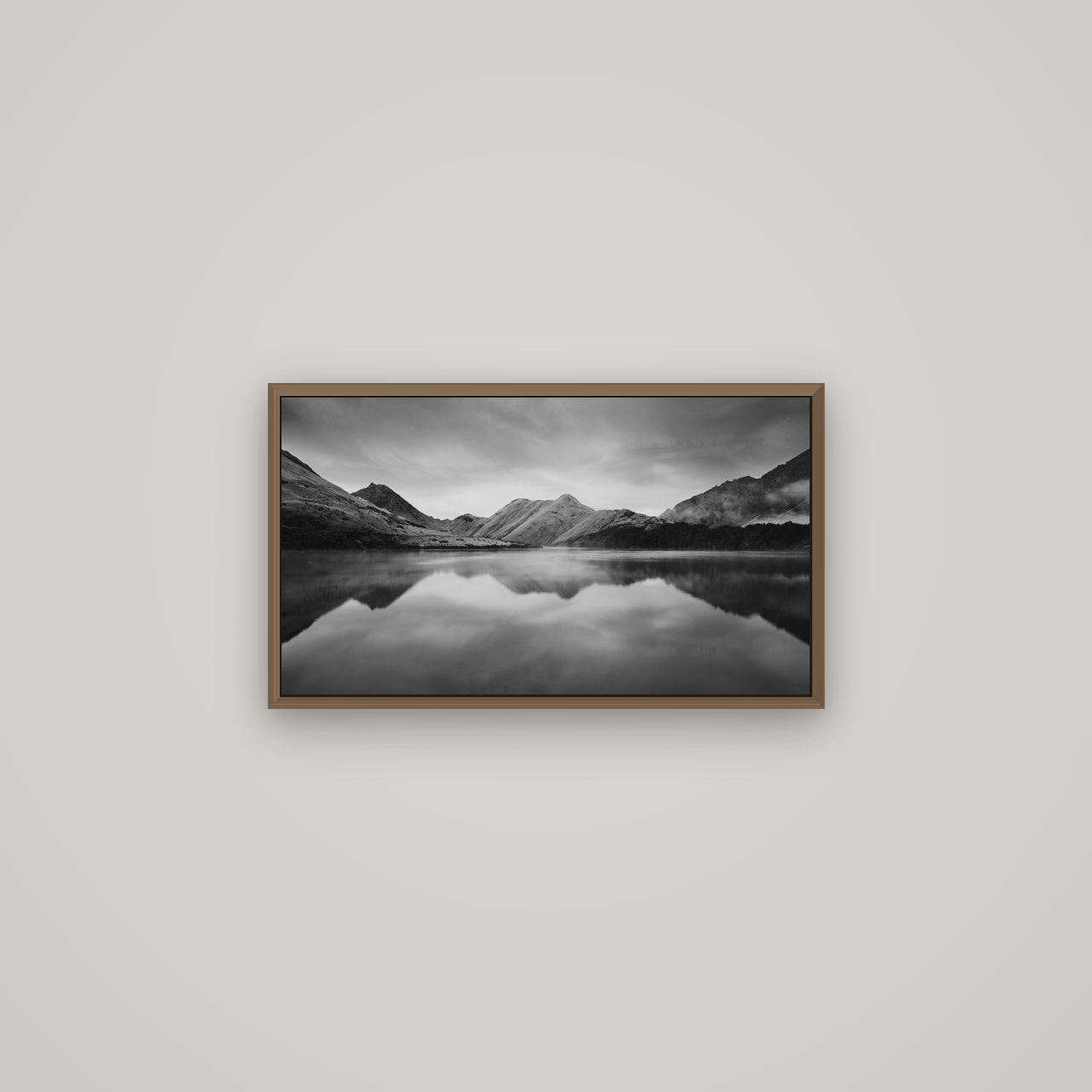 Sunrise Serenity, Moke Lake Queenstown, Basel Walnut, 64×36 cm. New Zealand fine art wall art by Stephen Milner.