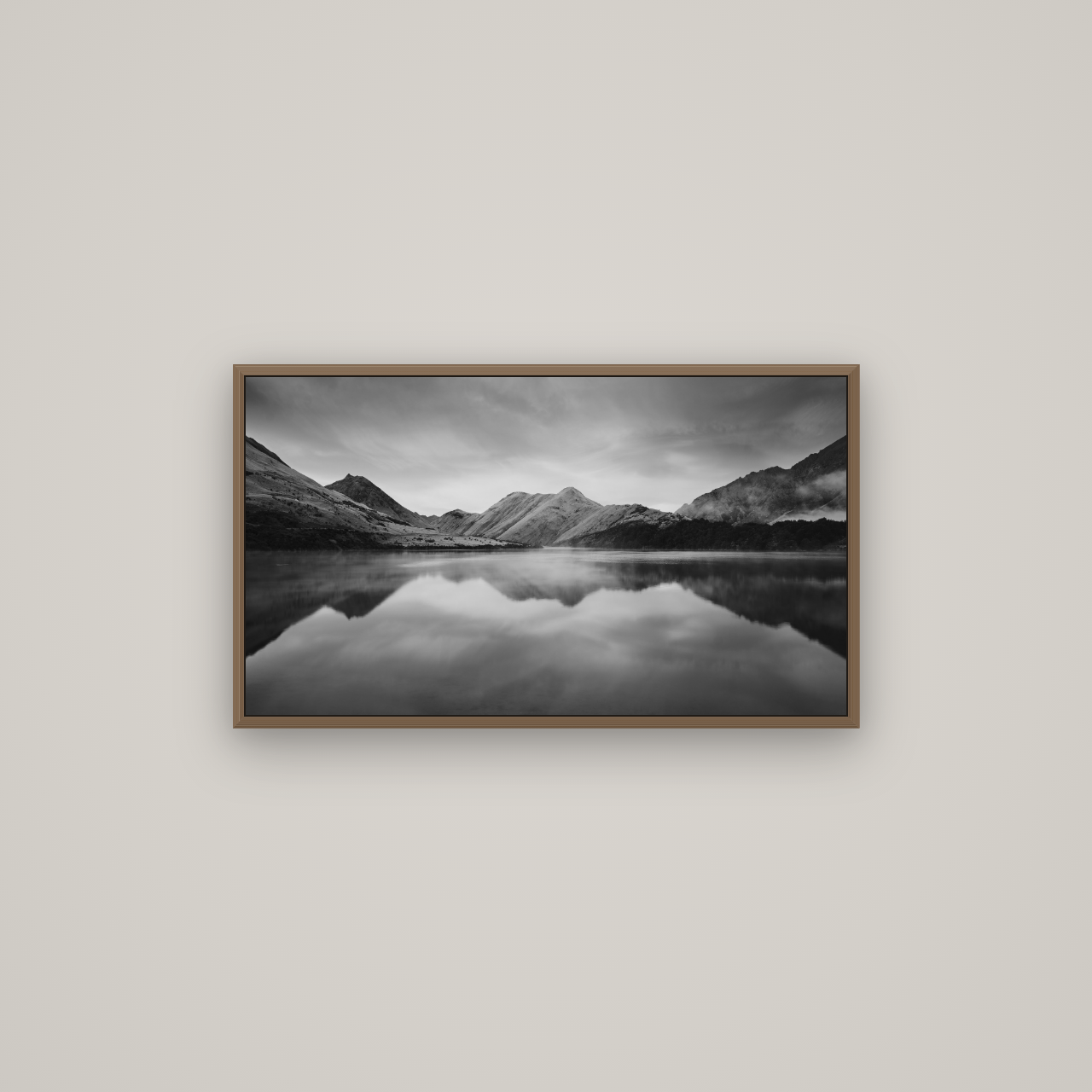 Sunrise Serenity, Moke Lake Queenstown, Basel Walnut, 80×45 cm. New Zealand fine art wall art by Stephen Milner.
