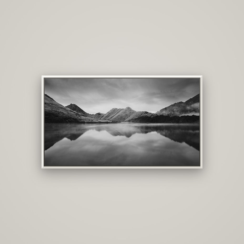 Sunrise Serenity, Moke Lake Queenstown — Basel White, 107×60 cm. New Zealand fine art wall art by Stephen Milner.