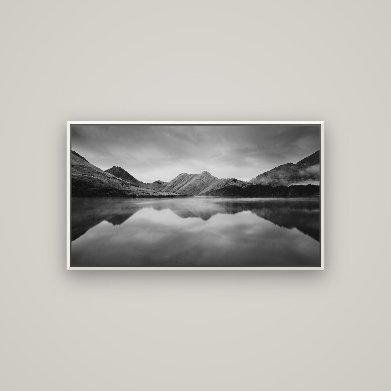 Sunrise Serenity, Moke Lake Queenstown — Basel White, 107×60 cm. New Zealand fine art wall art by Stephen Milner.